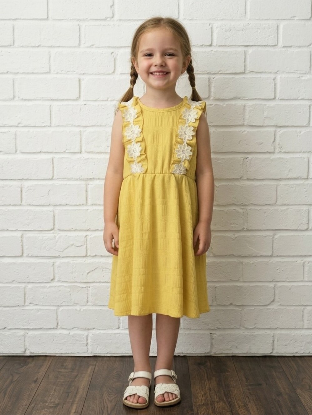 Girls Yellow Ruffle Dress Floral Smocked Sundress Lightweight Summer Outfit 7-8Y